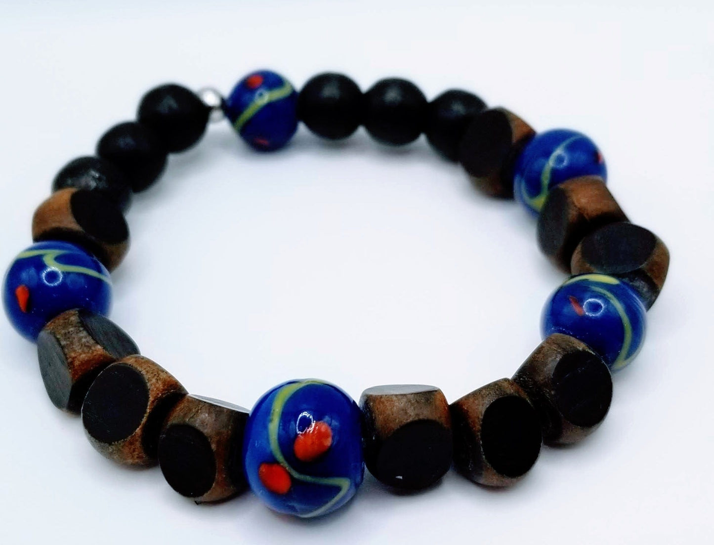 Handcrafted Jewelry By Teri C Beaded Bracelet "Masculine Charm: Blue and Wood Beaded Bracelet for Stylish Men"