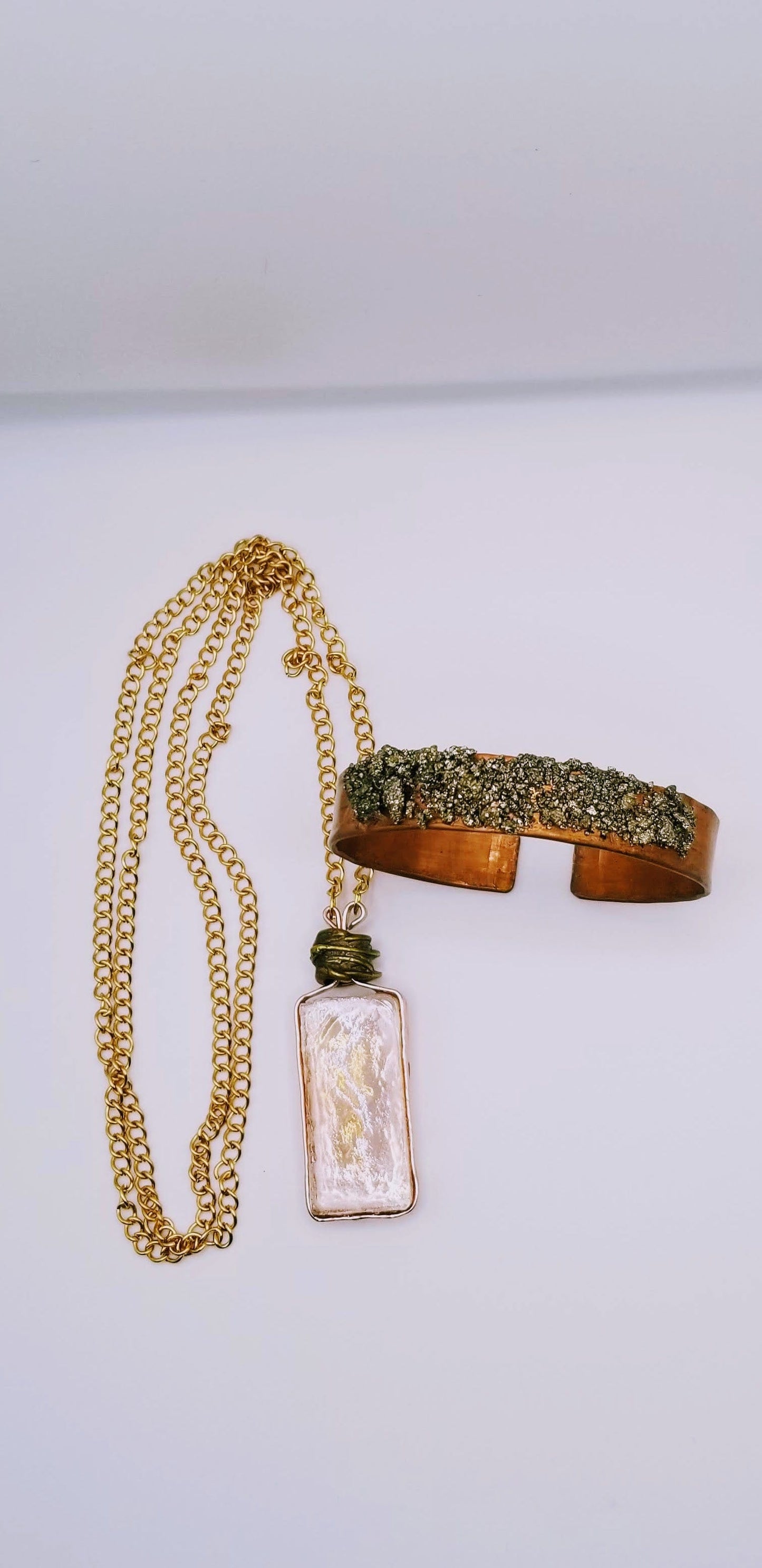 Handcrafted Jewelry By Teri C Necklace set Transparent Amber Rectangular Mosaic Necklace & Pyrite Copper Cuff