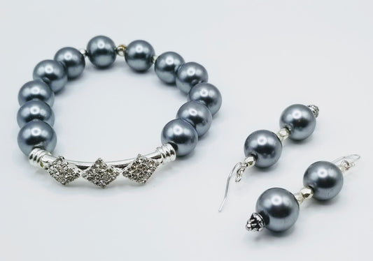 Elegant Pearl Grey beaded Bracelet Set. Rhinestone Focal Bar & Matching Earrings