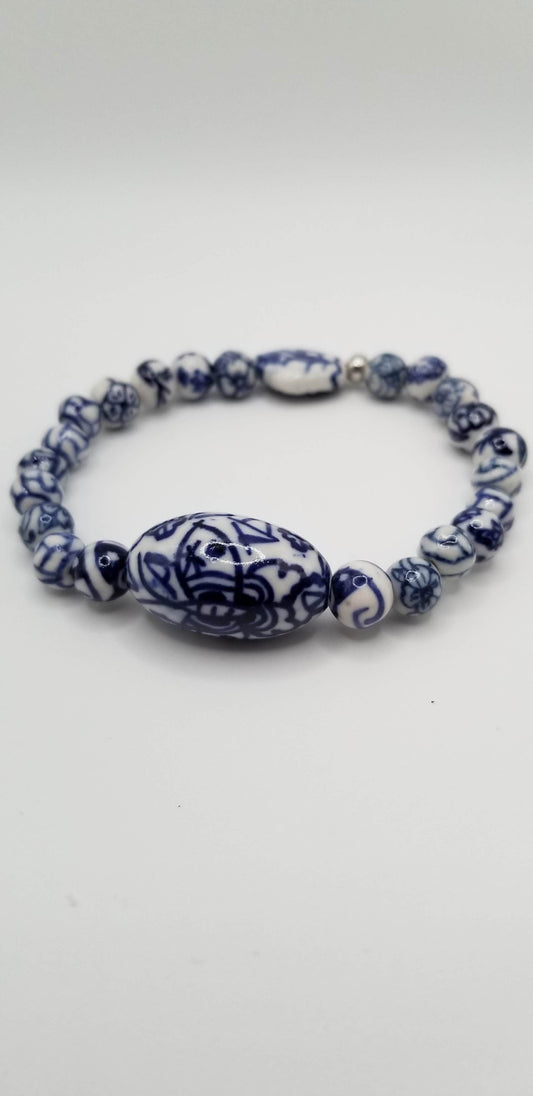 Handcrafted Jewelry By Teri C Beaded Bracelet Ceramic Blue & White Bracelet
