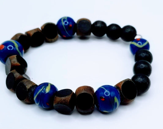 Handcrafted Jewelry By Teri C Beaded Bracelet "Masculine Charm: Blue and Wood Beaded Bracelet for Stylish Men"