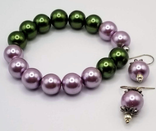 Handcrafted Jewelry By Teri C Beaded Bracelet Pink And Green Pearl Beads With Matching Earrings