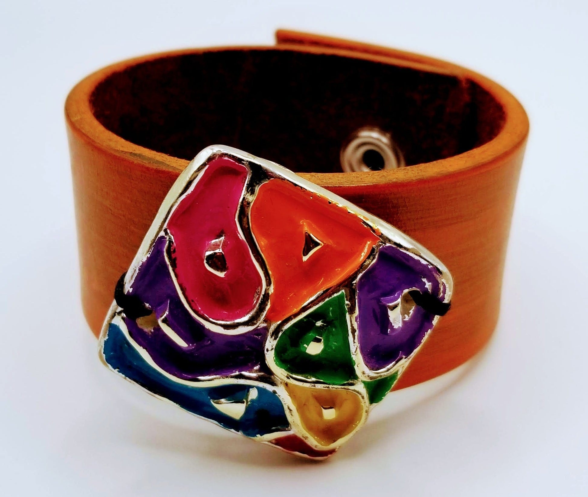 Handcrafted Jewelry By Teri C Leather Bracelet Leather Cuff Bracelet With Multi-Color Focal