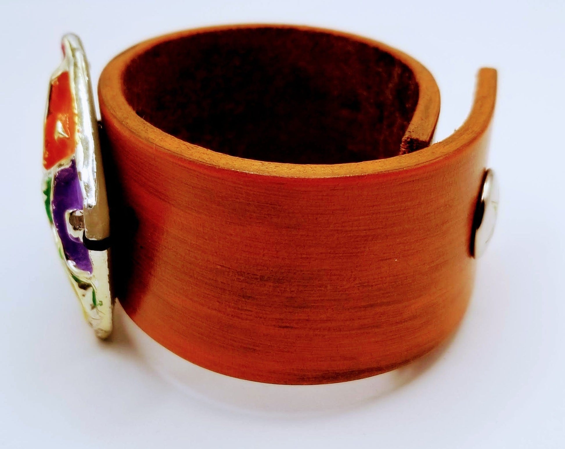 Handcrafted Jewelry By Teri C Leather Bracelet Leather Cuff Bracelet With Multi-Color Focal