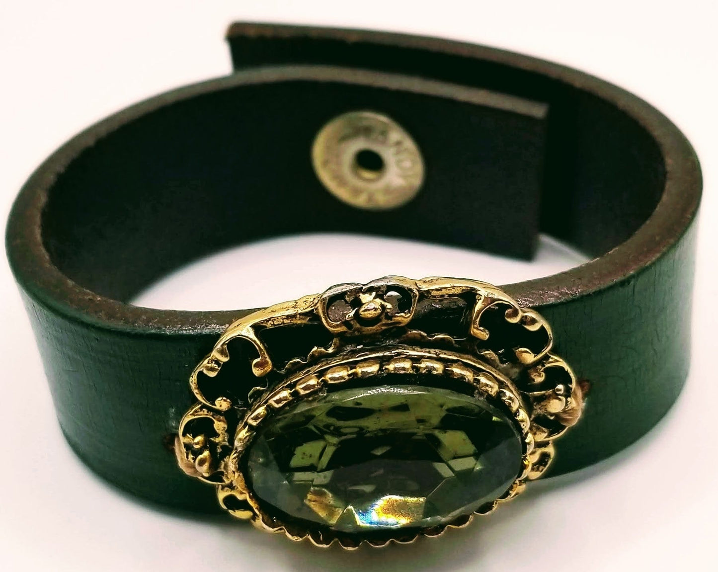 Handcrafted Jewelry By Teri C Leather Bracelet Up cycled green Leather Cuff Bracelet