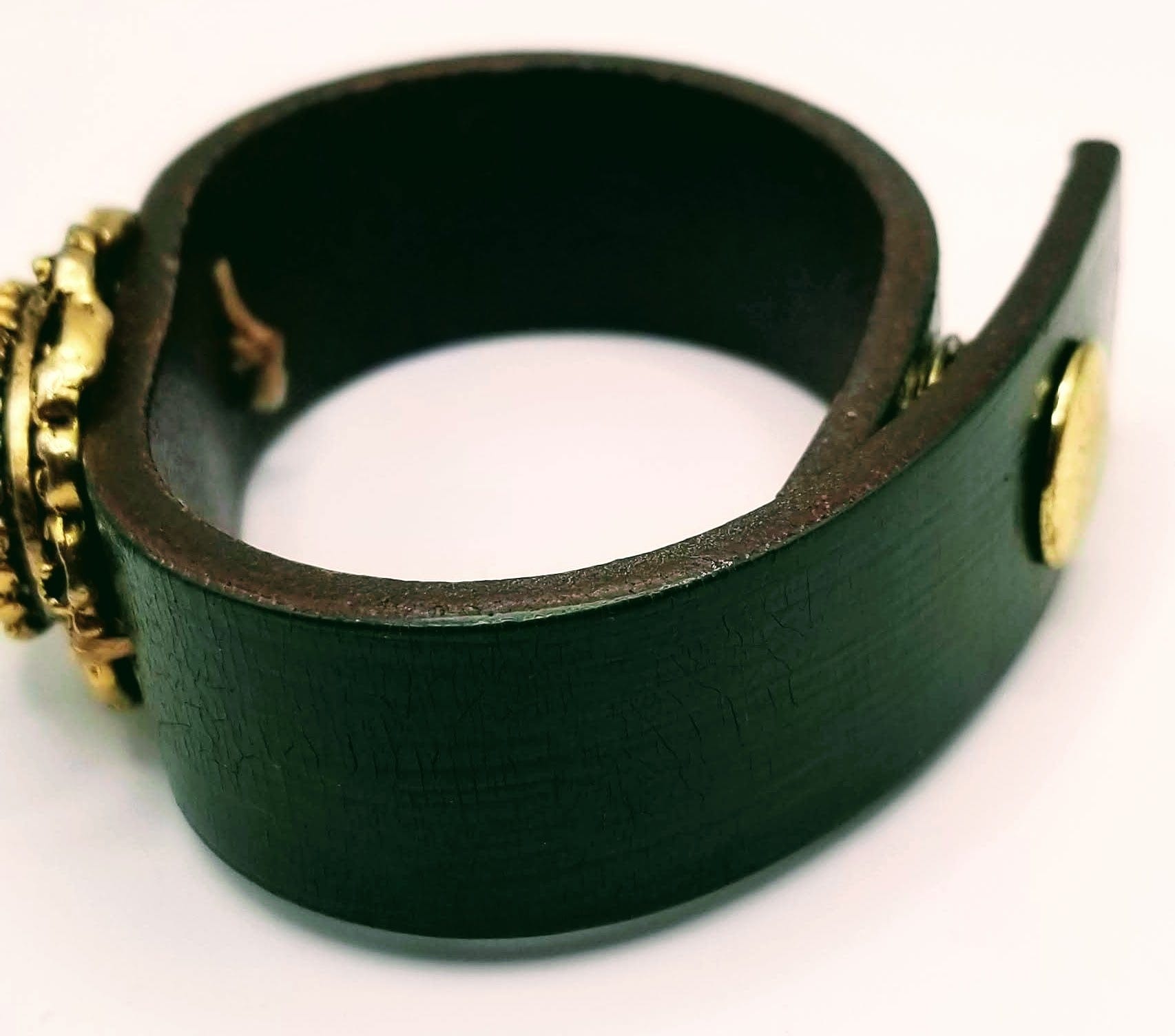Handcrafted Jewelry By Teri C Leather Bracelet Up cycled green Leather Cuff Bracelet