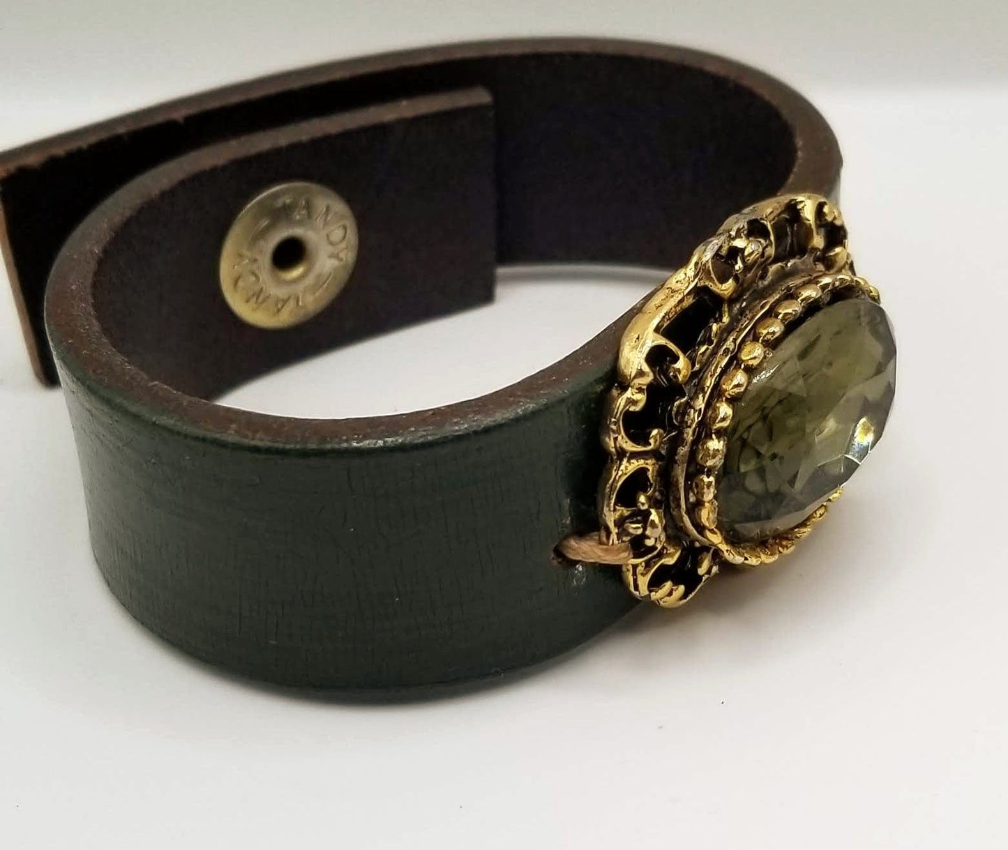 Handcrafted Jewelry By Teri C Leather Bracelet Up cycled green Leather Cuff Bracelet