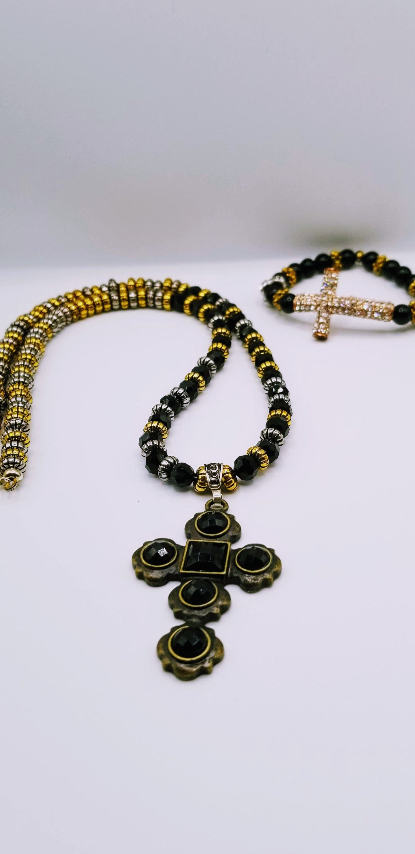 Handcrafted Jewelry By Teri C Necklace set Black Antiquist Cross And Rhinestone Bracelet