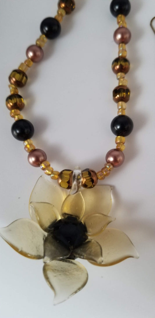Handcrafted Jewelry By Teri C Necklace set Earth Tone Glass Beads with Glass Flower Pendant With Matching Earrings