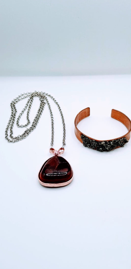 Handcrafted Jewelry By Teri C Necklace set Jasper Gemstone Necklace and Copper Pyrite Cuff Bracelet