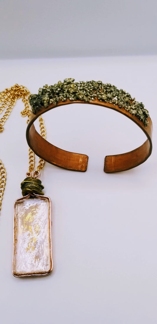 Handcrafted Jewelry By Teri C Necklace set Transparent Amber Rectangular Mosaic Necklace & Pyrite Copper Cuff