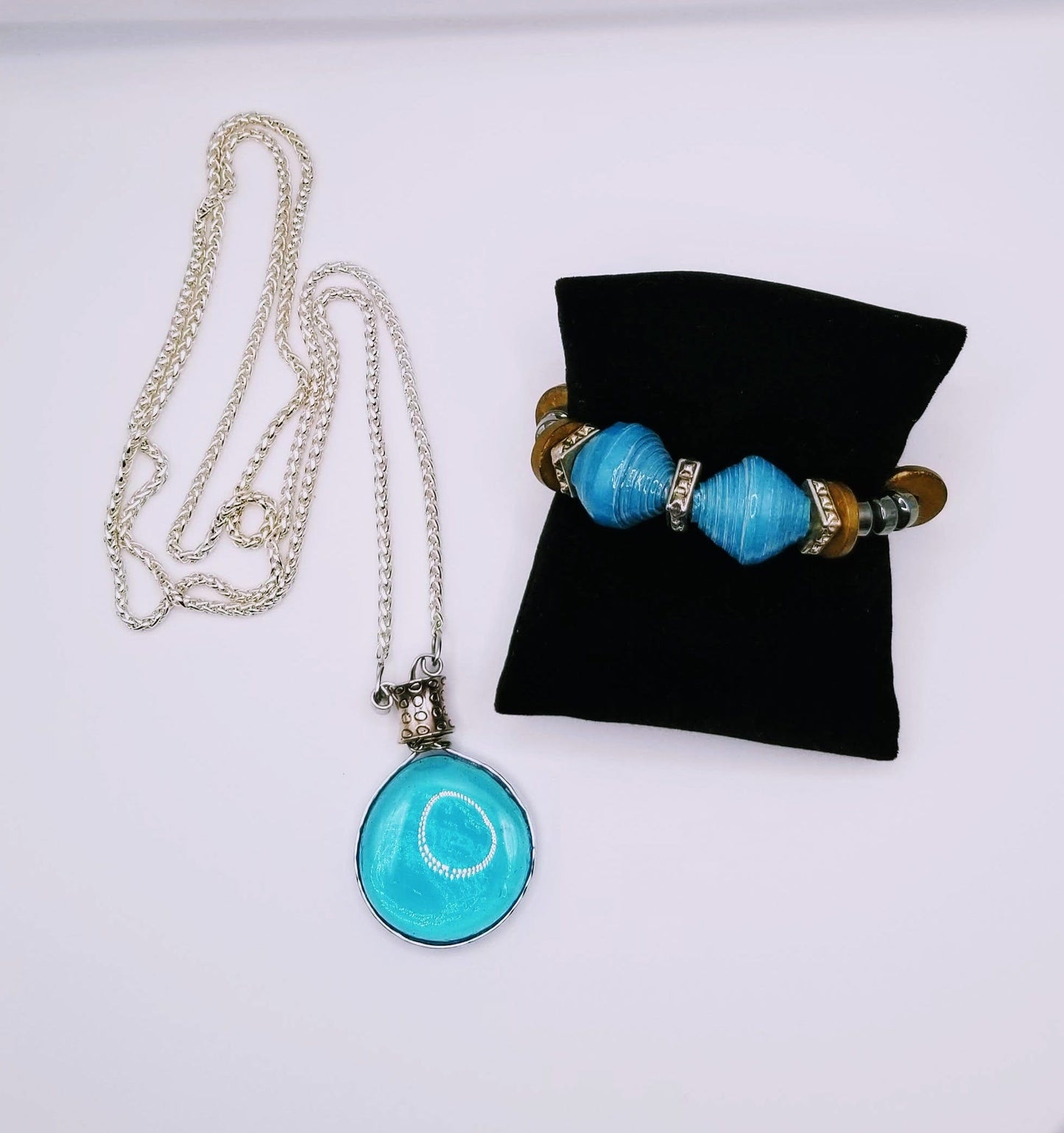 Handcrafted Jewelry By Teri C Necklace set Turquoise Large Glass Gemstone with Bracelet