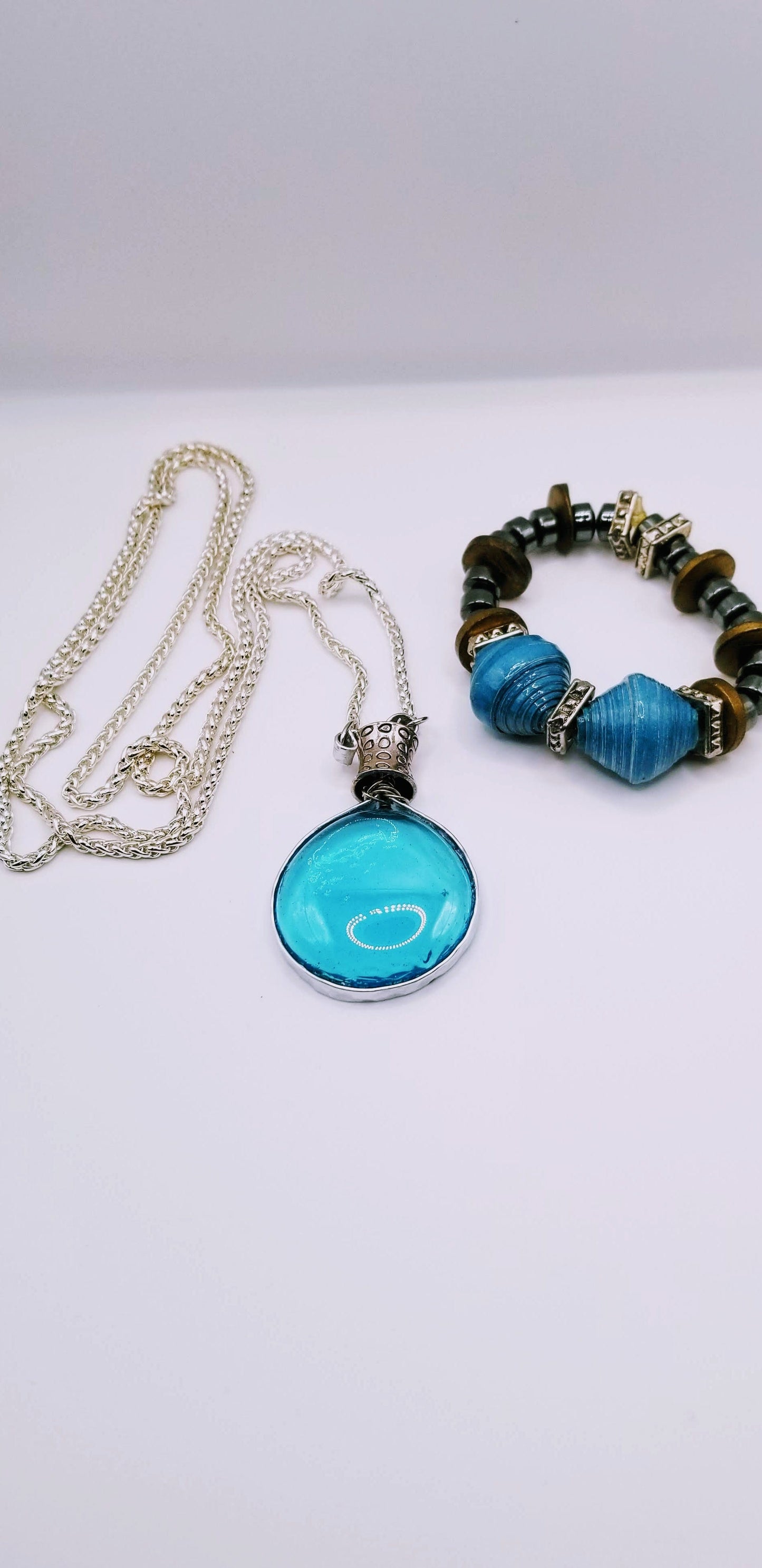 Handcrafted Jewelry By Teri C Necklace set Turquoise Large Glass Gemstone with Bracelet